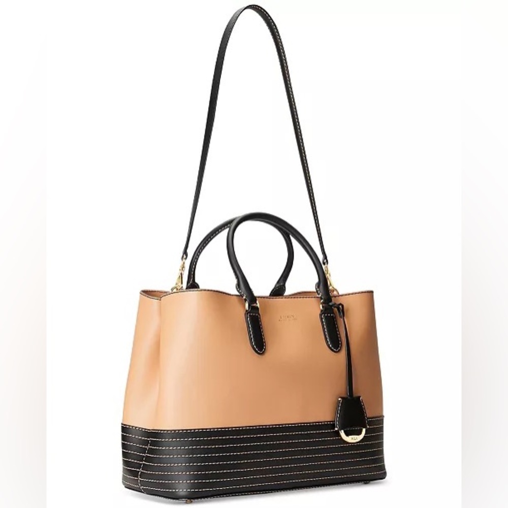 NWT Ralph Lauren Stitched Leather Marcy Bag in Buff / Black